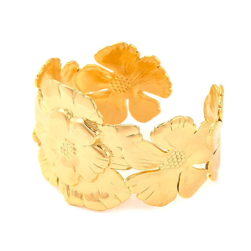* Bracelet Manchette Femme Doré Grosses Fleurs – Plaqué Or 1 Micron Premium | Bijou Floral Luxe