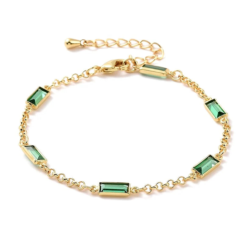 * Bracelet Femme Souple Doré Plaqué Or 1 Micron — Diamant CZ Rectangle Vert 18+3 cm