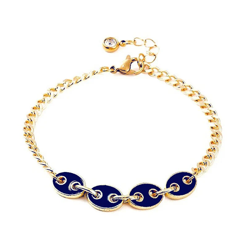 * Bracelet Femme Grain de Café Doré Plaqué Or 1 Micron — Breloque Bleu Nuit 17+4 cm