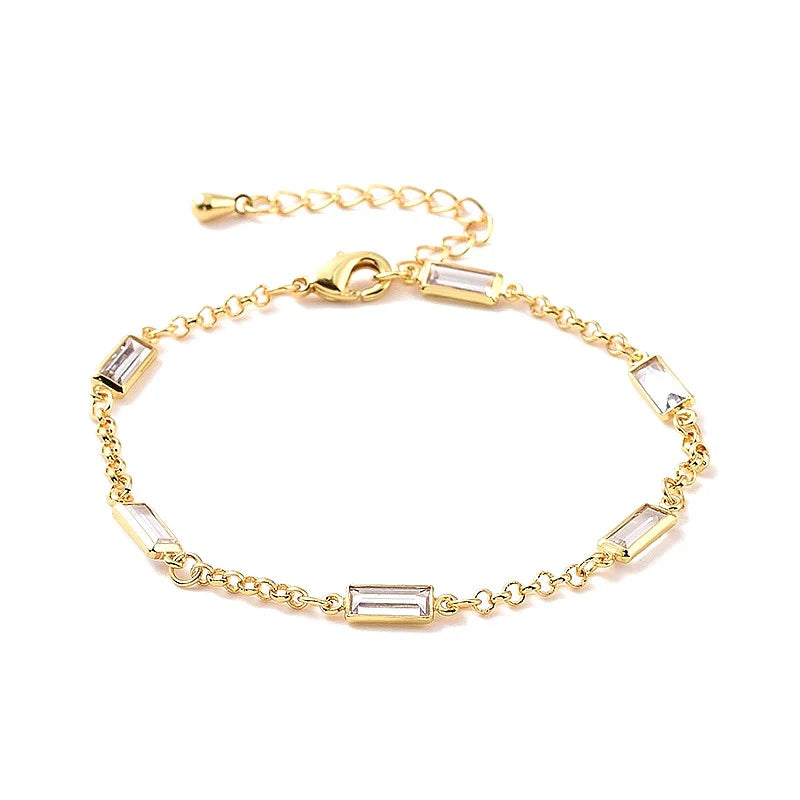 * Bracelet Femme Souple Doré Plaqué Or 1 Micron — Diamant CZ Rectangle 18+3 cm