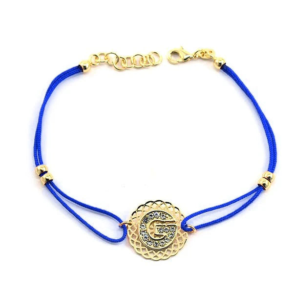 * Bracelet Cordon Bleu Lettre G Strass – Rosace Zirconiums Doré | Alchimie Concept France