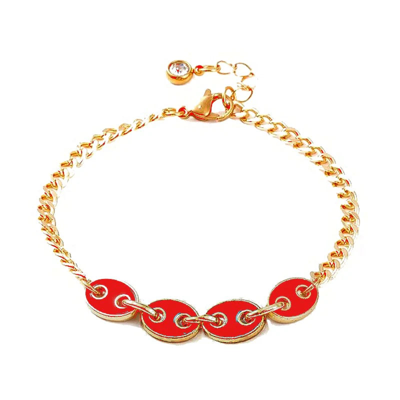 * Bracelet Femme Grain de Café Doré Plaqué Or 1 Micron — Breloque Rouge 17+4 cm