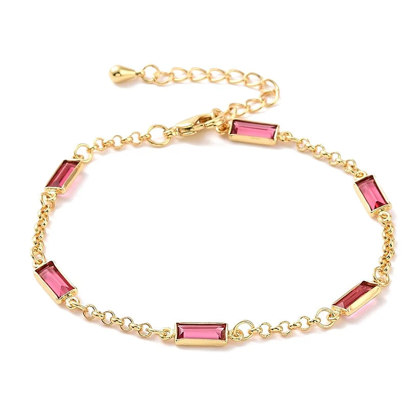 * Bracelet Femme Souple Doré Plaqué Or 1 Micron — Diamant CZ Rectangle Rose 18+3 cm
