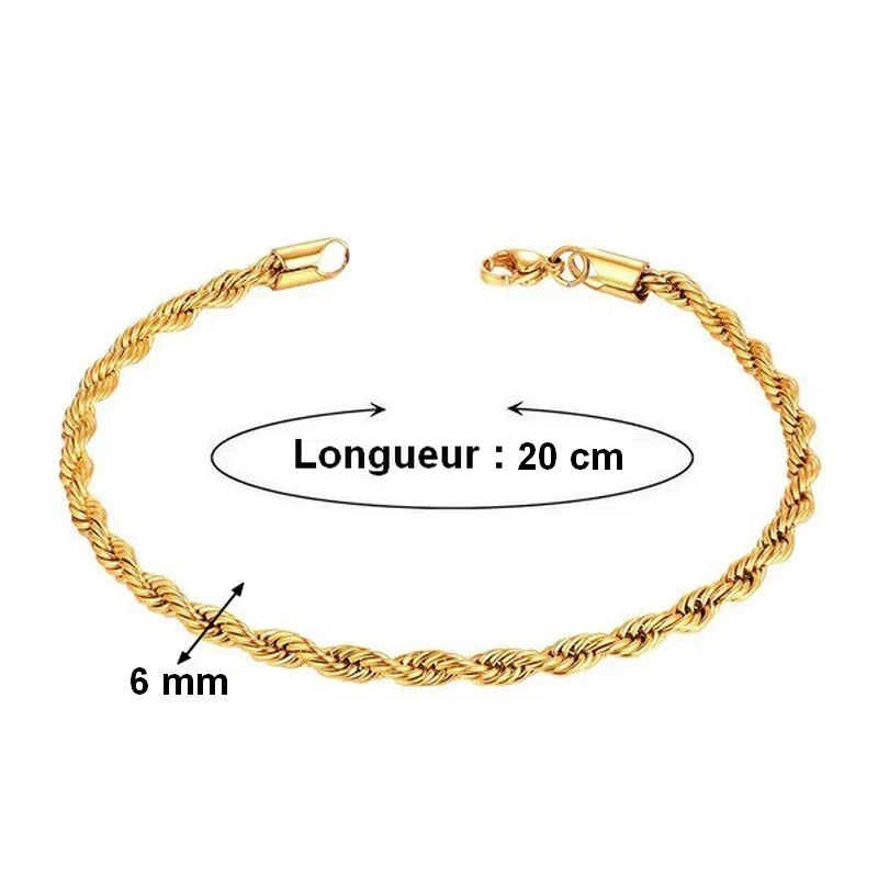 * Bracelet Femme Mailles Torsadées Doré Plaqué Or 1 Micron — 20 cm 6 mm