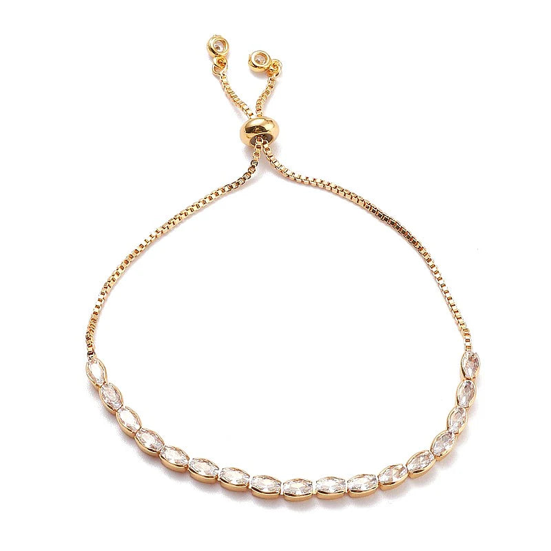 * Bracelet Femme Coulissant Doré Plaqué Or 1 Micron — Zirconiums Ovales Blancs