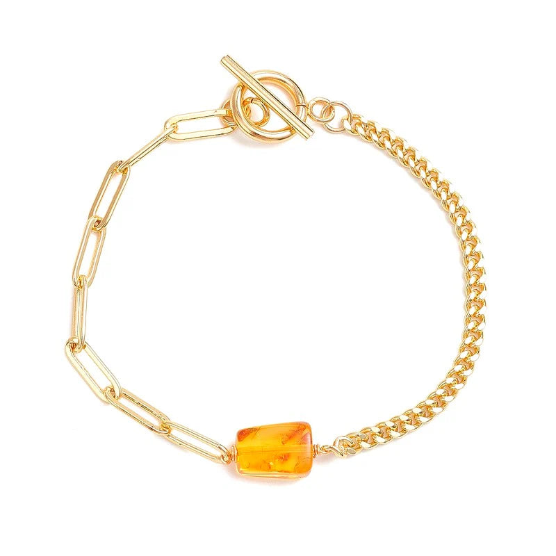 * Bracelet Femme Doré Perles d'Ambre Naturelles – Plaqué Or 1 Micron