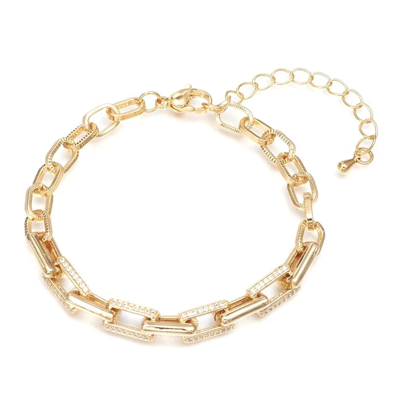 * Bracelet Femme Chaîne Trombone Doré Plaqué Or 1 Micron — Diamants CZ 17+4 cm