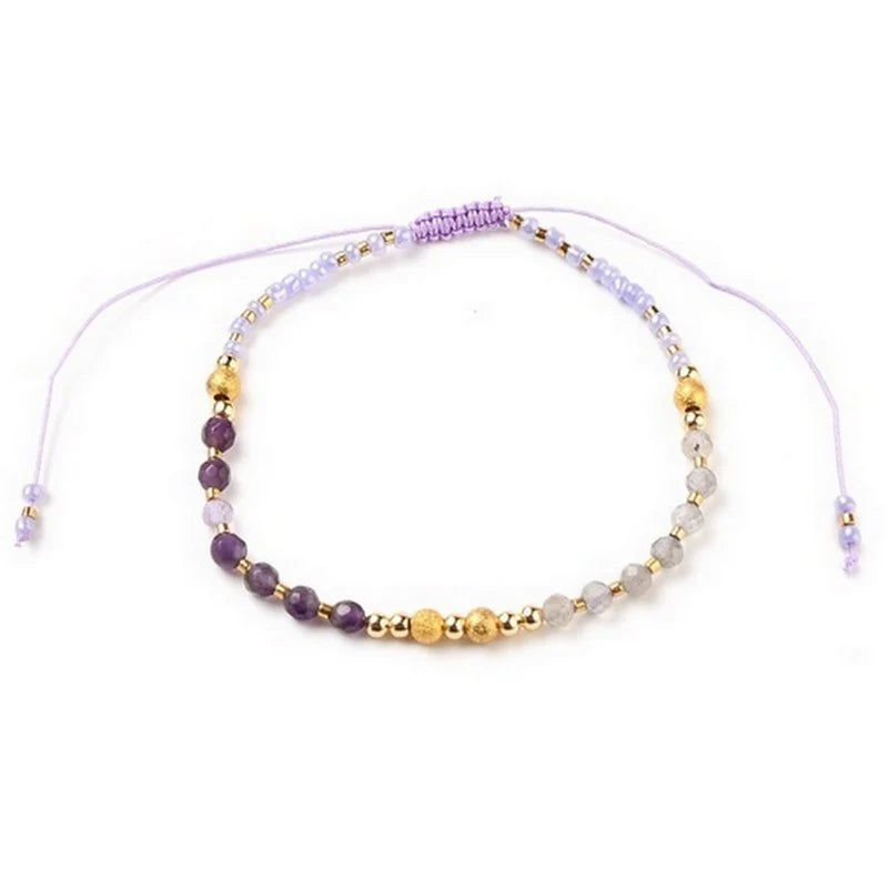 * Bracelet Femme Perles Rocaille Mauve & Or Plaqué Or 1 Micron — Réglable Souple