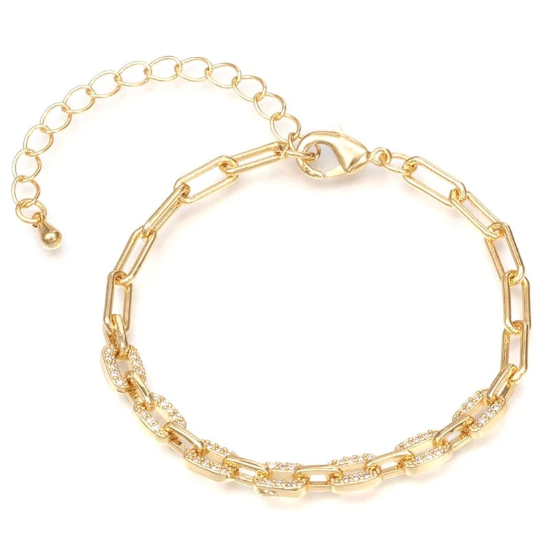 * Bracelet Femme Chaîne Trombone Doré Plaqué Or 1 Micron — Diamant CZ 18+3 cm