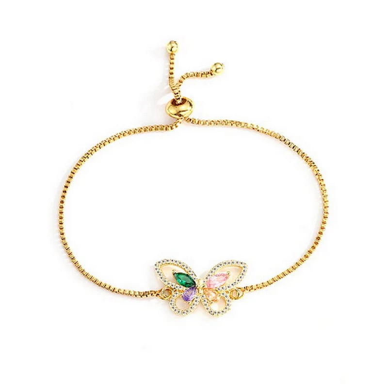 * Bracelet Femme Coulissant Papillon Zirconiums Doré – Plaqué Or 1 Micron Premium | Bijou Glamour Réglable