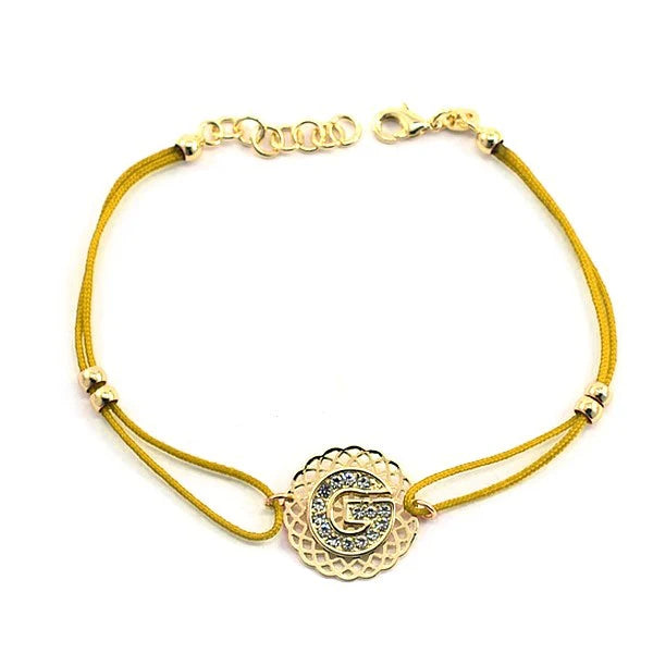 * Bracelet Cordon Jaune Moutarde Lettre G Strass – Rosace Zirconiums Doré | Alchimie Concept France