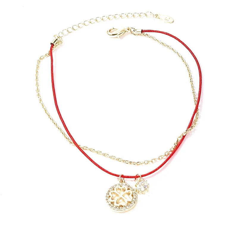 * Bracelet Femme Doré Breloques Trèfle Fil Nylon Rouge – Plaqué Or 1 Micron