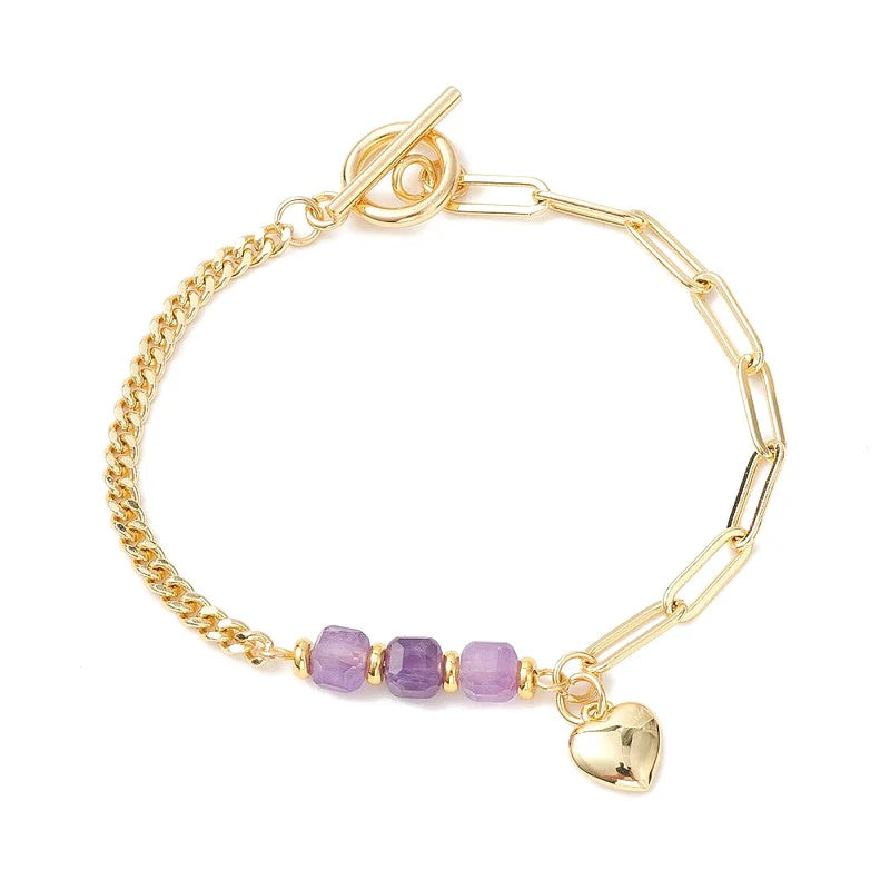 * Bracelet Femme Doré Or Fin – Breloque Cœur & Pierres Améthyste Naturelle | Plaqué Or 1 Micron Premium