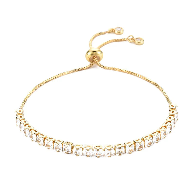 * Bracelet Femme Coulissant Lignée de Strass Doré – Plaqué Or 1 Micron Premium | Bijou Glamour Réglable