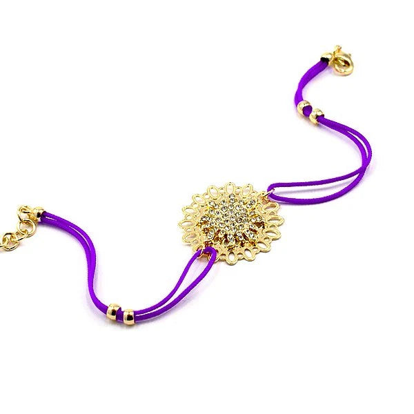 * Bracelet Cordon Violet Rosace Strass Dorée – Zirconiums Brillants | Alchimie Concept France