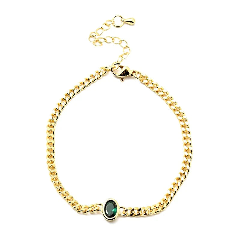 * Bracelet Femme Souple Doré Plaqué Or 1 Micron — Pendant Ovale Vert 18+5 cm
