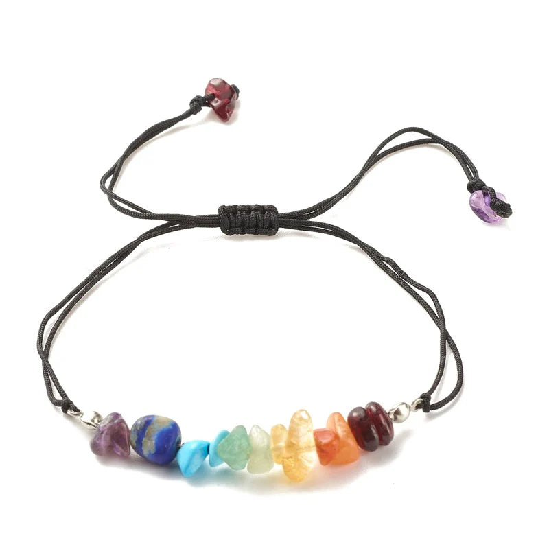 Bracelet 7 Chakras Pierres Naturelles & Billes Acier Inoxydable | Fil Nylon Réglable | 8 mm | Homme & Femme | 16-18 cm