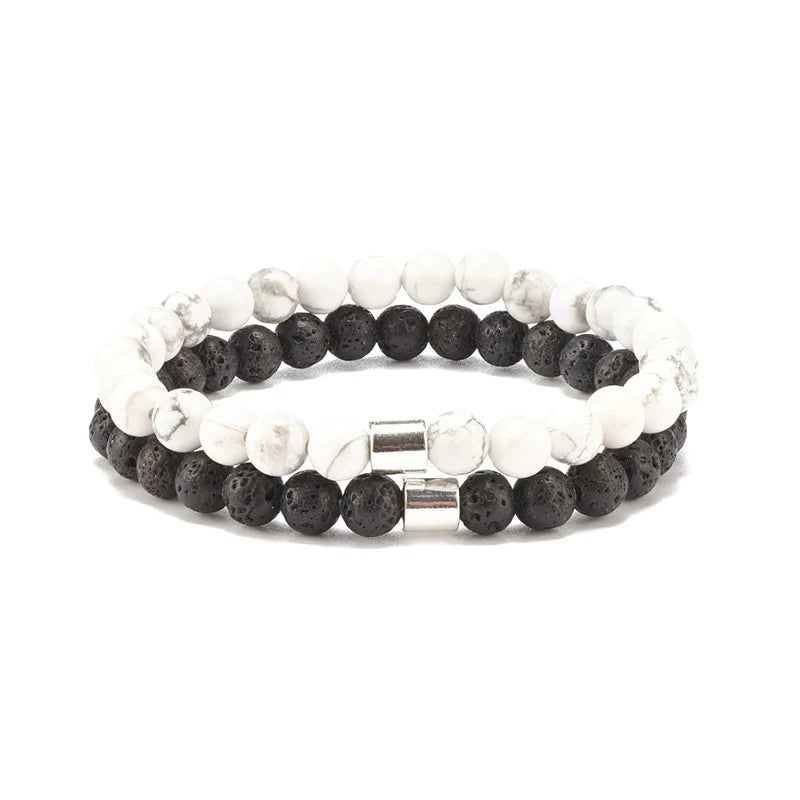 Lot de 2 Bracelets Pierre de Lave & Howlite Naturelles 8mm – Élastique – Homme & Femme