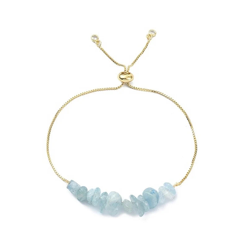 Bracelet Aigue-Marine Naturelle 8mm Doré Réglable – Homme & Femme