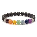 Bracelet 7 Chakras Pierres Naturelles & Pierre de Lave | Billes Acier Inoxydable | 8 mm | Homme & Femme | Élastique 16-18 cm