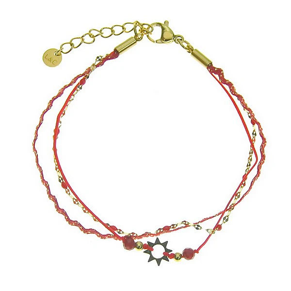 Bracelet Femme Acier 316 Inoxydable 3 Rangs Étoile & Agate Rouge — 16,5 cm + 3 cm Réglage
