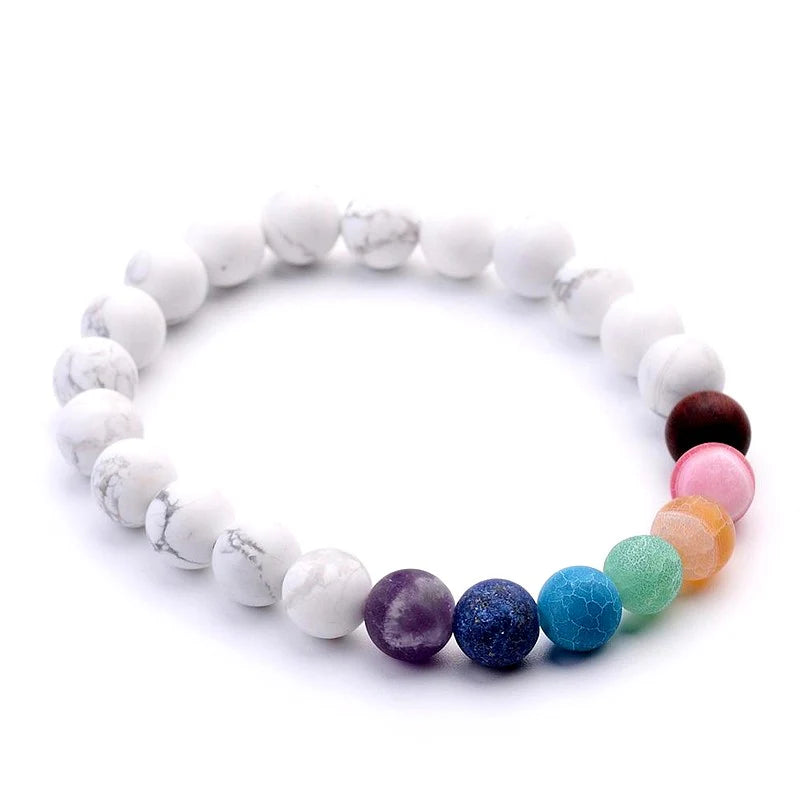 Bracelet Howlite & 7 Chakras Pierres Naturelles 8mm – Élastique – Homme & Femme