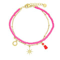 Bracelet Femme Acier 316 Inoxydable 2 Rangs Breloques & Pompon Rouge — 16,5 cm + 3 cm Réglage