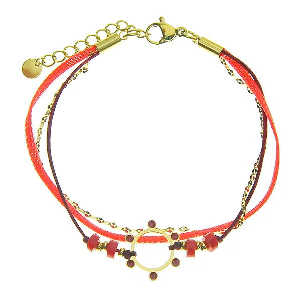 Bracelet Femme Acier 316 Inoxydable 3 Rangs Soleil & Agate Rouge — 16,5 cm + 3 cm Réglage