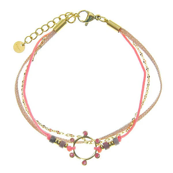 Bracelet Femme Acier 316 Inoxydable 3 Rangs Soleil & Rhodonite — 16,5 cm + 3 cm Réglage