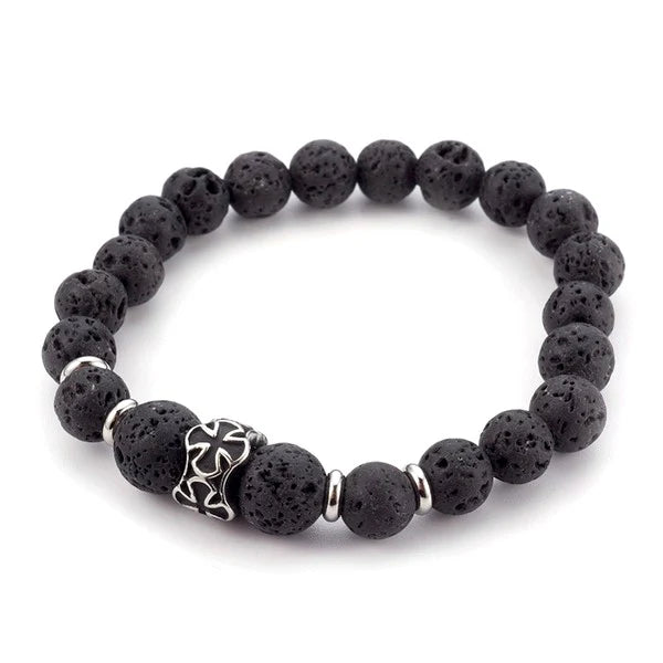 Bracelet Croix de Malte Pierre de Lave & Acier Inoxydable — Élastique | Protection & Ancrage