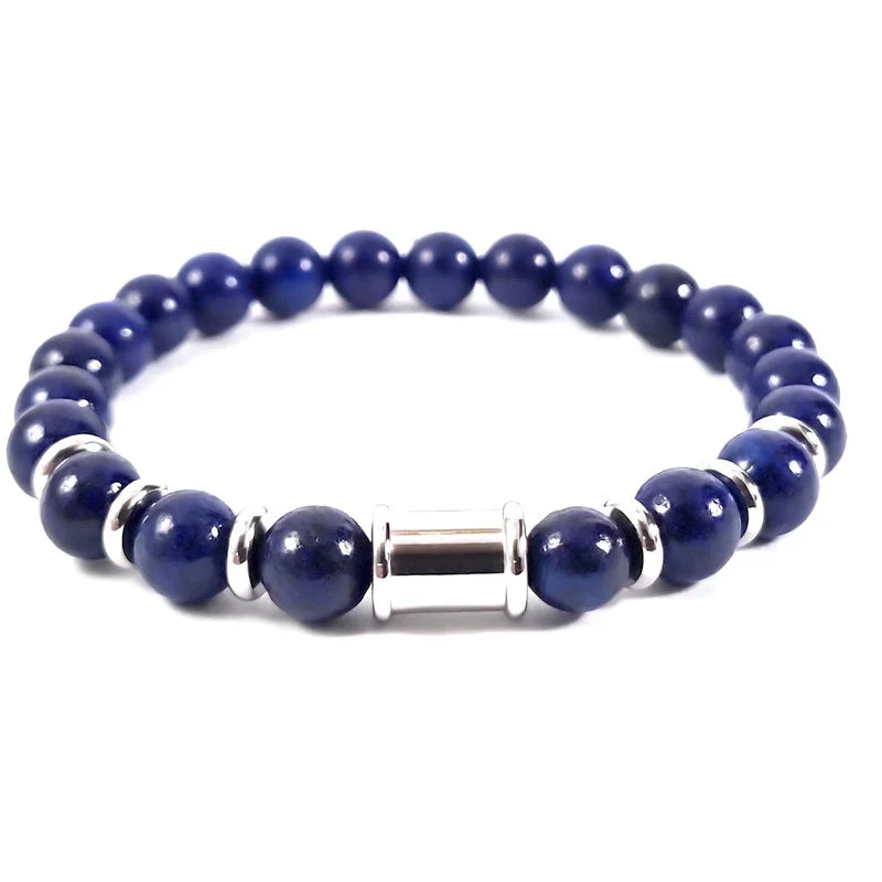 Bracelet Lapis Lazuli & Disque Acier Inoxydable | Pierre Naturelle 8 mm | Homme & Femme | Élastique 16-18 cm