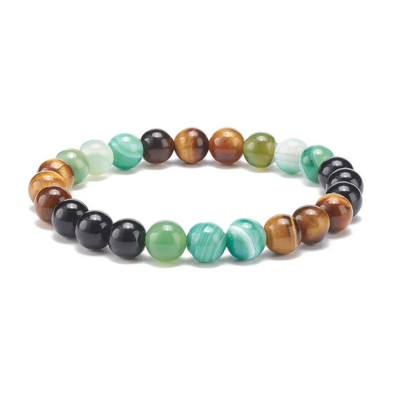 Bracelet Agate Turquoise, Œil de Tigre & Onyx Pierres Naturelles 8mm – Élastique – Homme & Femme