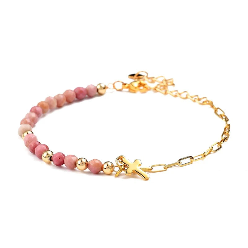 Bracelet Femme Rhodonite & Breloque Croix Dorée | Perles Naturelles | Plaqué Or 1 Micron | 18+5 cm