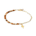 Bracelet Femme Jaspe Naturel & Breloque Croix Dorée – Bijou Plaqué Or Spirituel Élégant