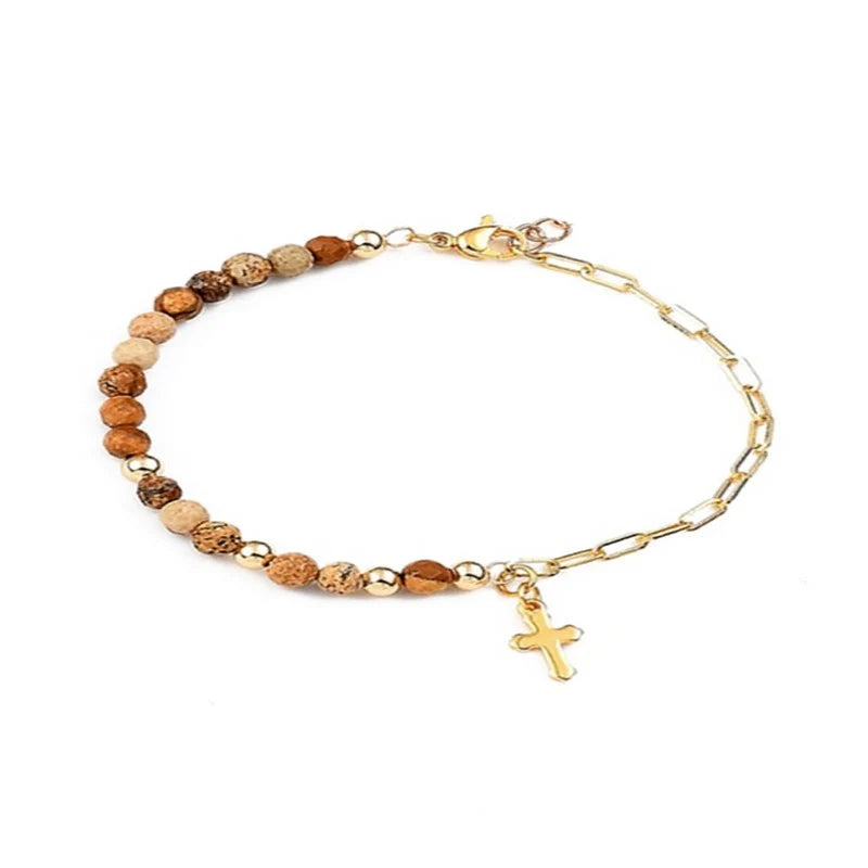Bracelet Femme Jaspe Naturel & Breloque Croix Dorée – Bijou Plaqué Or Spirituel Élégant