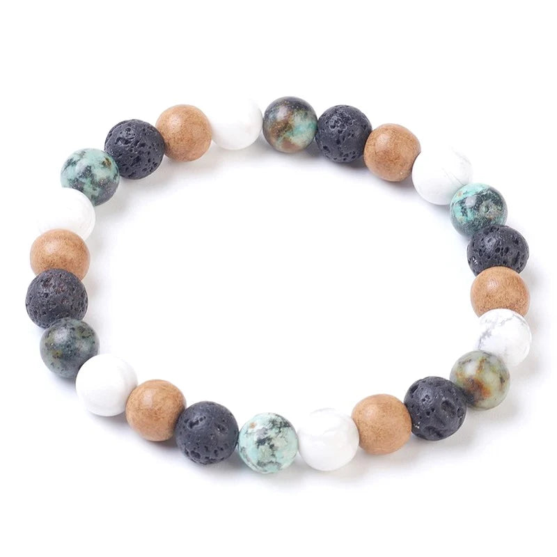 Bracelet Pierres Naturelles Jaspe, Howlite, Lave & Bois 8mm – Élastique – Homme & Femme