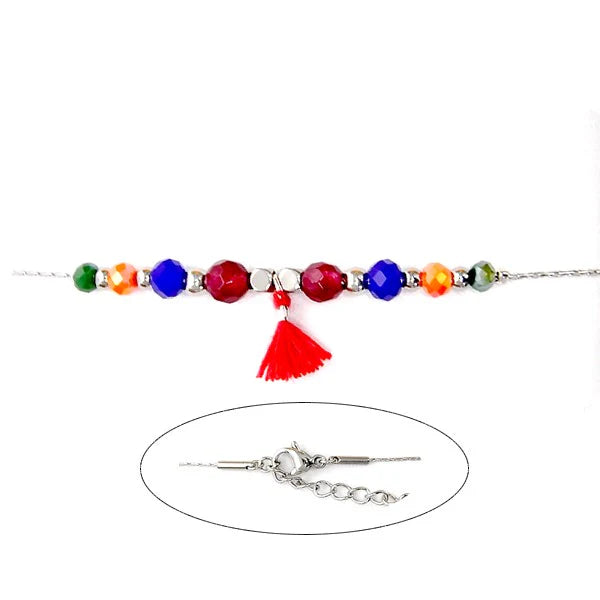 Bracelet Femme Acier Inoxydable 316 & Pierres Naturelles Mélangées — Pompon | 17 cm + 3 cm Réglage