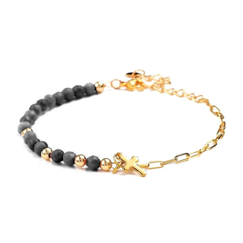 Bracelet Femme Agate Naturelle & Breloque Croix Dorée – Bijou Plaqué Or Élégance Spirituelle