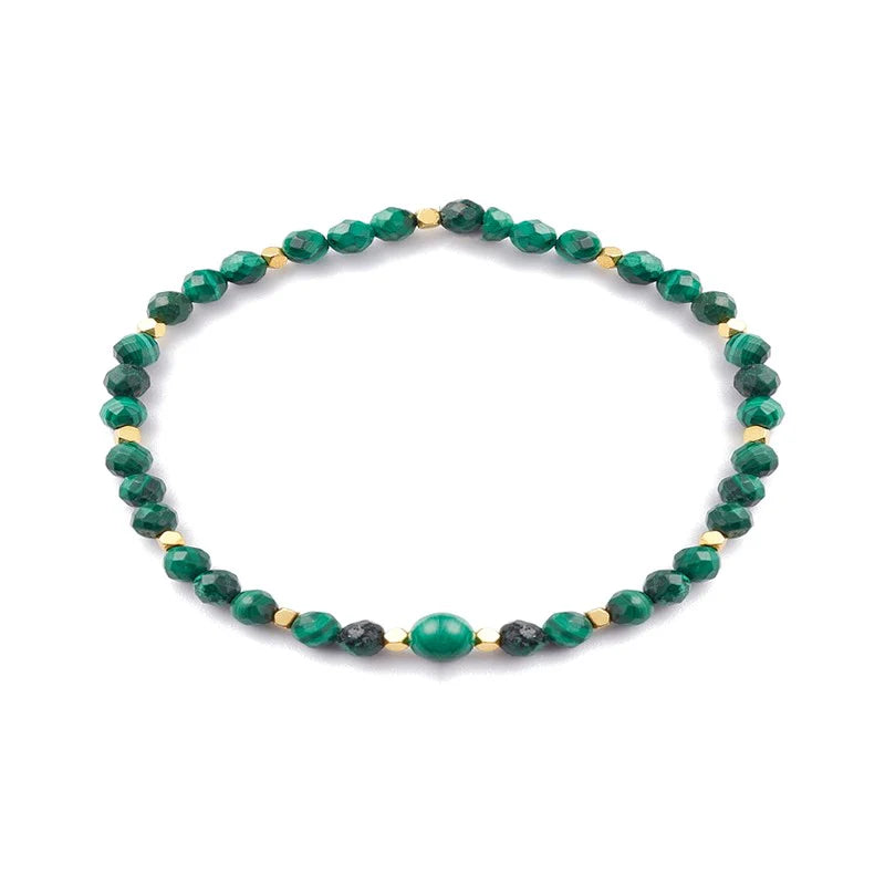 Bracelet Malachite Naturelle 4mm & Perles Dorées – Femme | Élastique 16-18 cm