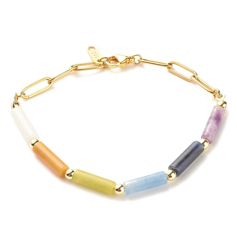 Bracelet Pierres Naturelles Mélangées & Acier Inoxydable – Perles 14x4mm – Réglable 19+5cm – Homme & Femme