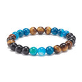 Bracelet Agate Bleue, Œil de Tigre & Onyx Pierres Naturelles 8mm – Élastique – Homme & Femme