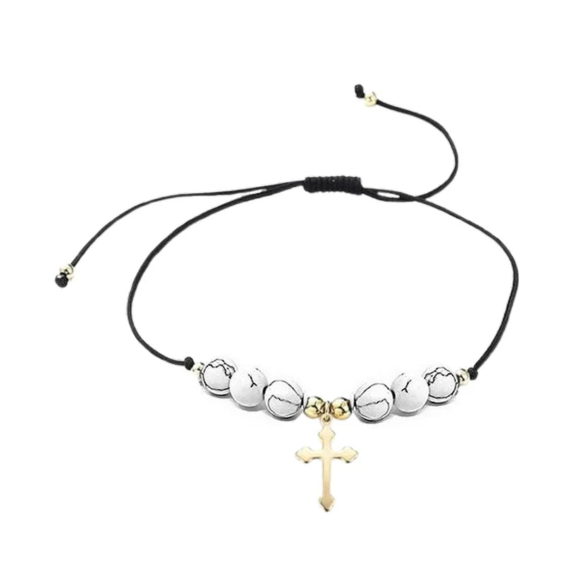Bracelet Fil Nylon Breloque Croix & Howlite Naturelle — Douceur, Paix & Spiritualité