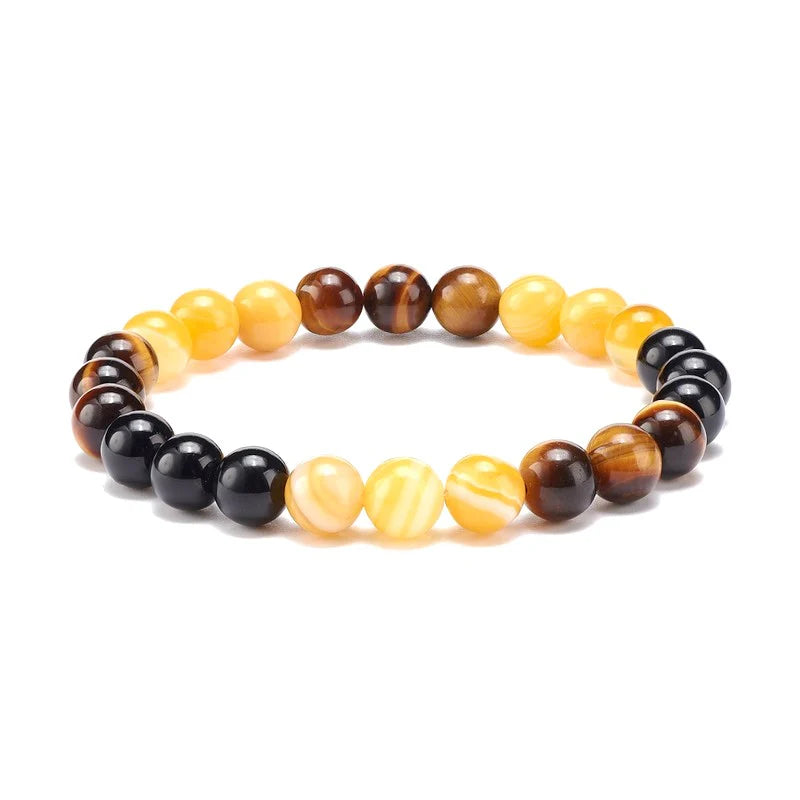 Bracelet Agate Jaune, Œil de Tigre & Onyx Pierres Naturelles 8mm – Élastique – Homme & Femme