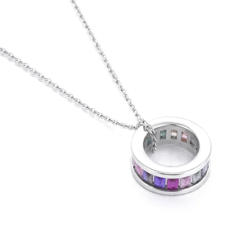 Collier Argent 925 Pendentif Anneau Zirconiums Multicolores – Chaîne 45 cm