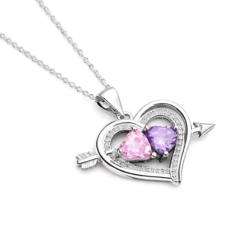 Collier Argent 925 Pendentif Cœur Zirconiums Rose & Mauve – Chaîne 45 cm
