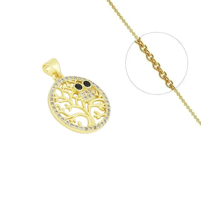 Collier Doré Chouette & Arbre de Vie – Zirconiums Sertis | Sagesse & Élégance