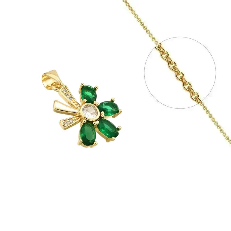 Collier Doré Pendentif Fleur Verte & Zirconiums Scintillants | Bijou Femme Luxe