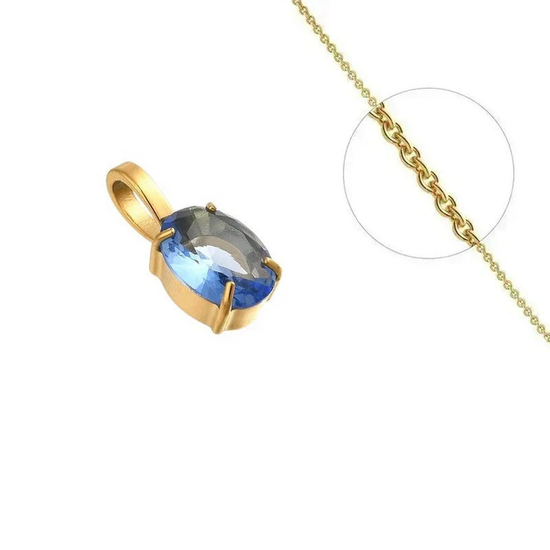 Collier Doré Pendentif Solitaire Zirconium Bleu Serti | Chaîne 45 cm
