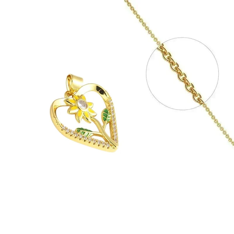 Collier Doré Pendentif Fleur dans un Cœur & Zirconiums Sertis – Chaîne 45 cm Plaqué Or 1 Micron