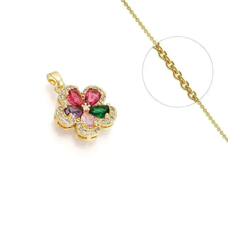Collier Doré Pendentif Fleur Zirconiums Colorés – Chaîne 45 cm | Bijou Tendance
